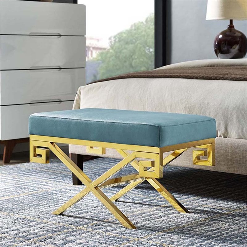 Modway Rove Velvet Bench in Gold and Sea Blue