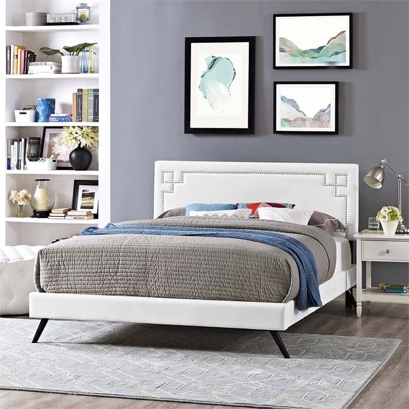 Modway Ruthie Queen Vinyl Platform Bed with Round Splayed Legs in White