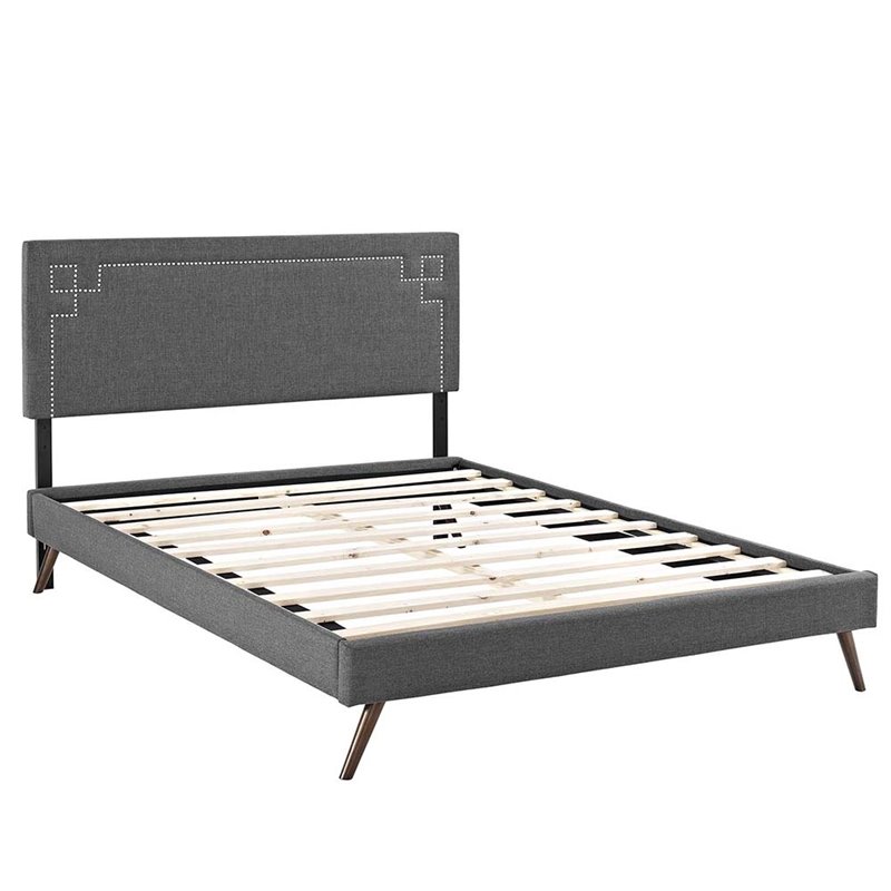 Modway Ruthie Queen Fabric Platform Bed with Round Splayed Legs in Gray