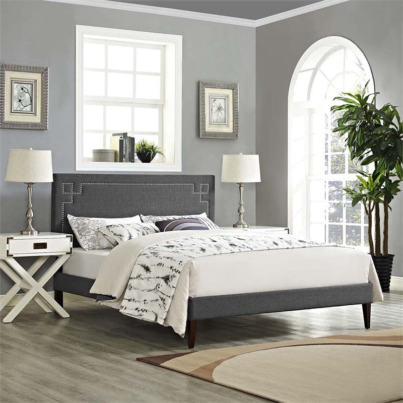 Modway Ruthie Queen Fabric Platform Bed with Squared Tapered Legs in Gray