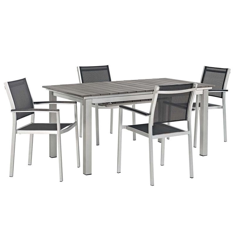 Modway Shore 5-Piece Extendable Aluminum Patio Dining Set in Silver and Black