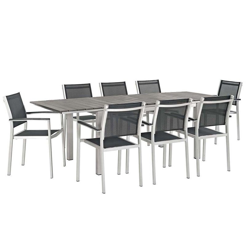 Modway Shore 9-Piece Extendable Aluminum Patio Dining Set in Silver and Black