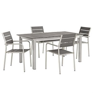 Modway Shore 5-Piece Extendable Aluminum Patio Dining Set in Silver and Gray