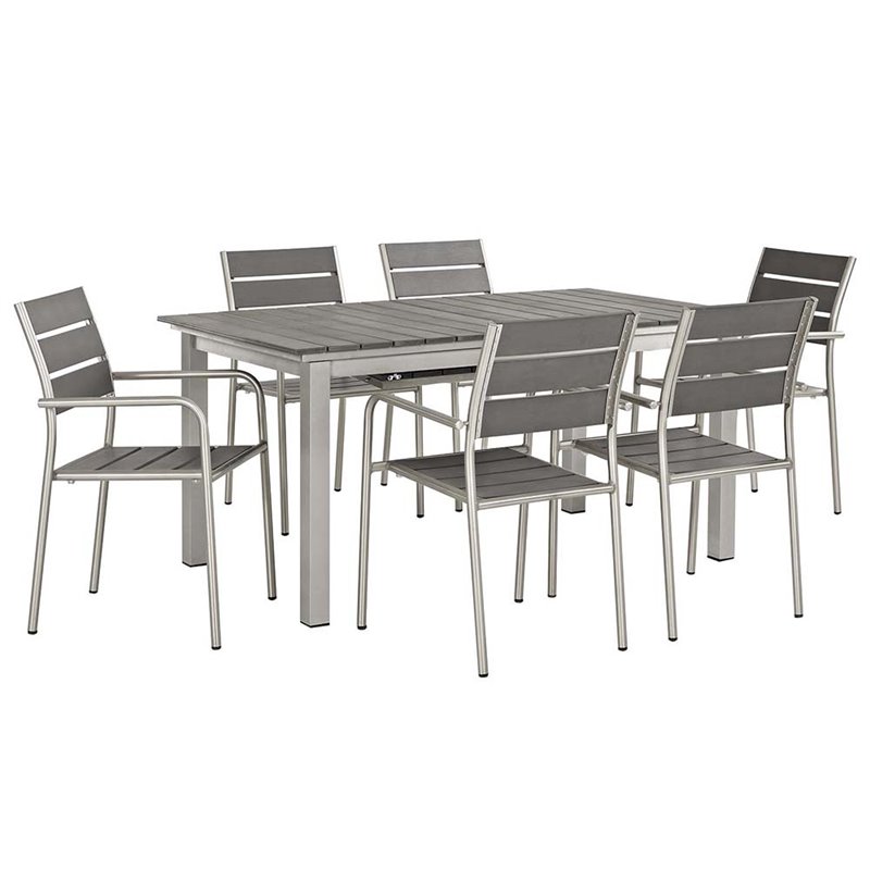 Modway Shore 7-Piece Extendable Aluminum Patio Dining Set in Silver and Gray