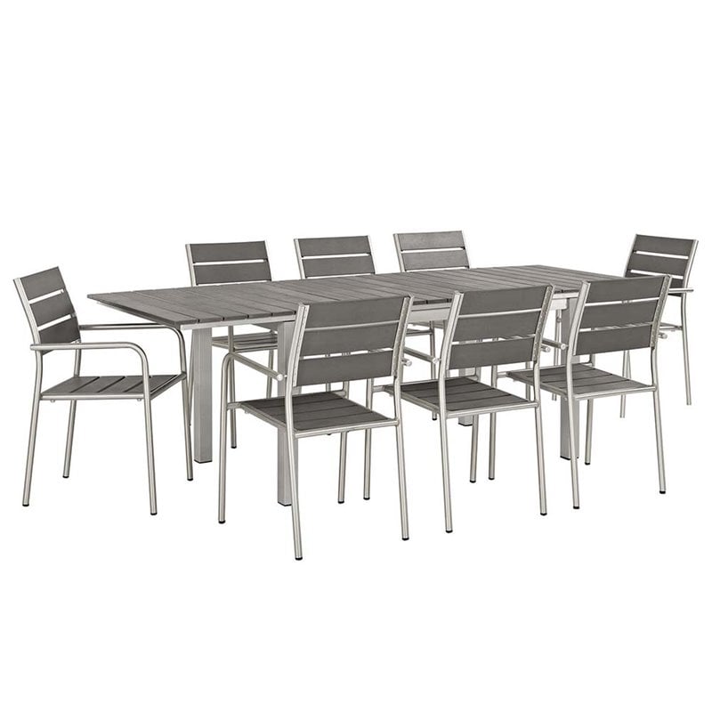 Modway Shore 9-Piece Extendable Aluminum Patio Dining Set in Silver and Gray