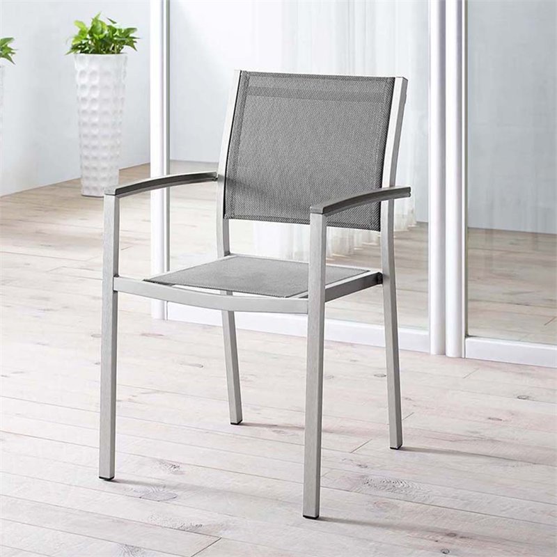 Modway Shore Fabric and Aluminum Patio Dining Arm Chair in Silver/Gray