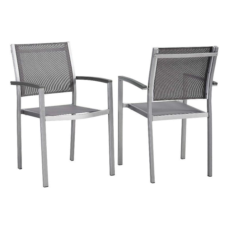 Modway Shore Fabric Aluminum Patio Dining Arm Chair in Silver/Gray (Set of 2)