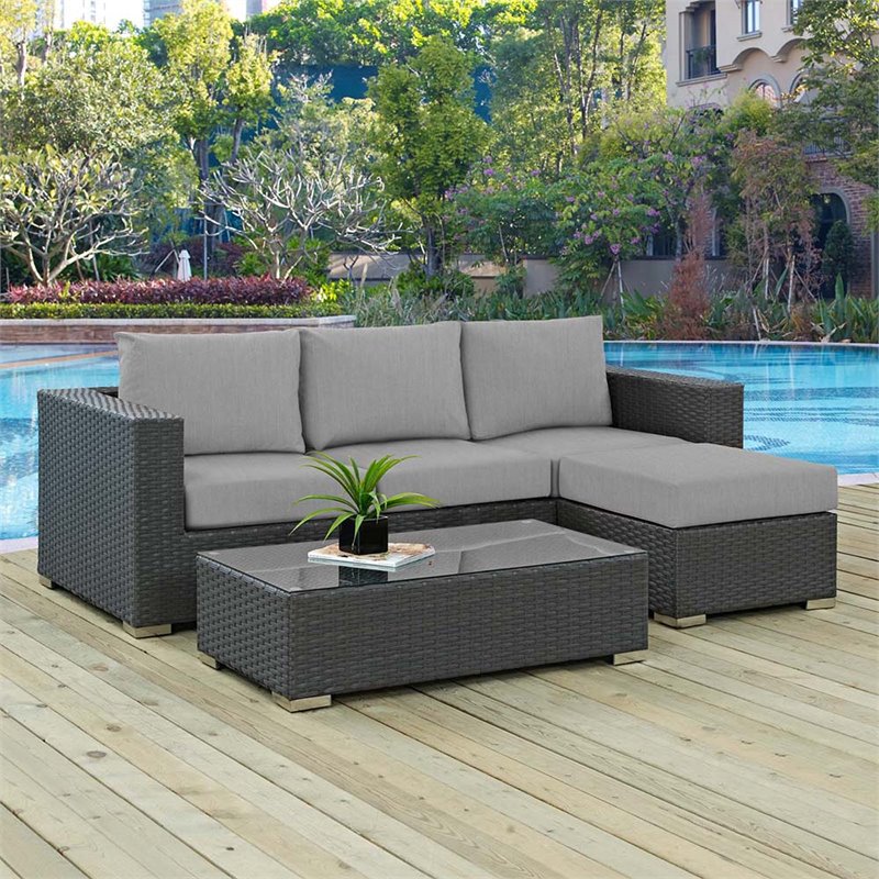 Modway Sojourn 3-Piece Aluminum Rattan Patio Sectional Set in Canvas/Gray