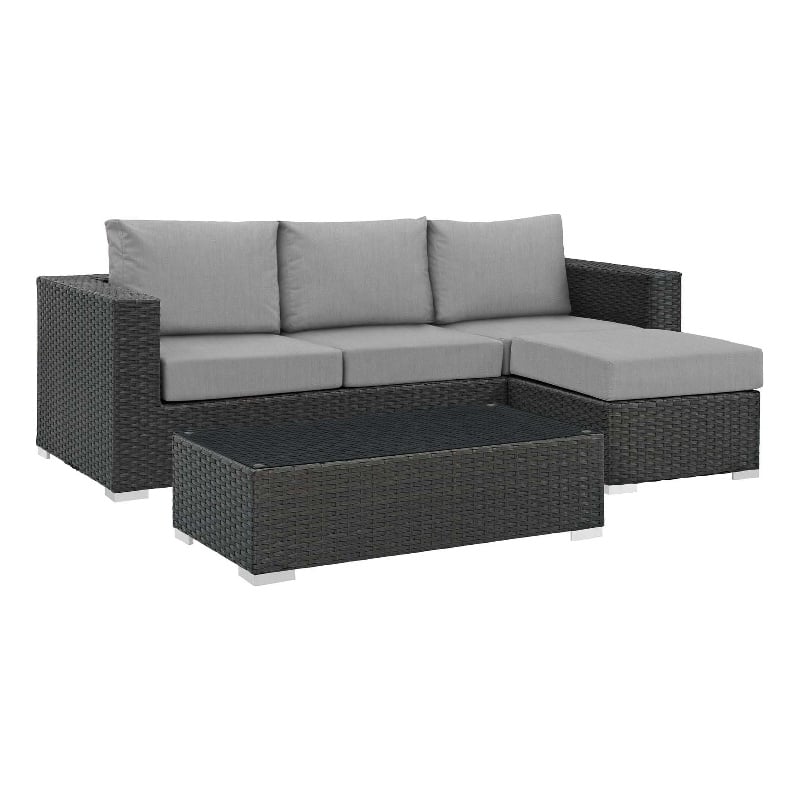 Modway Sojourn 3-Piece Aluminum Rattan Patio Sectional Set in Canvas/Gray