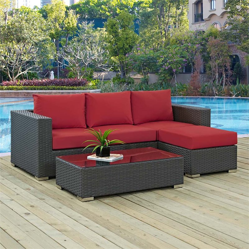 Modway Sojourn 3-Piece Aluminum Rattan Patio Sectional Set in Canvas/Red