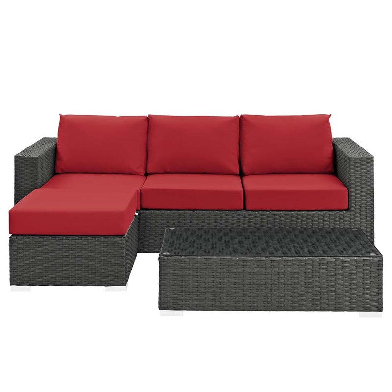Modway Sojourn 3-Piece Aluminum Rattan Patio Sectional Set in Canvas/Red