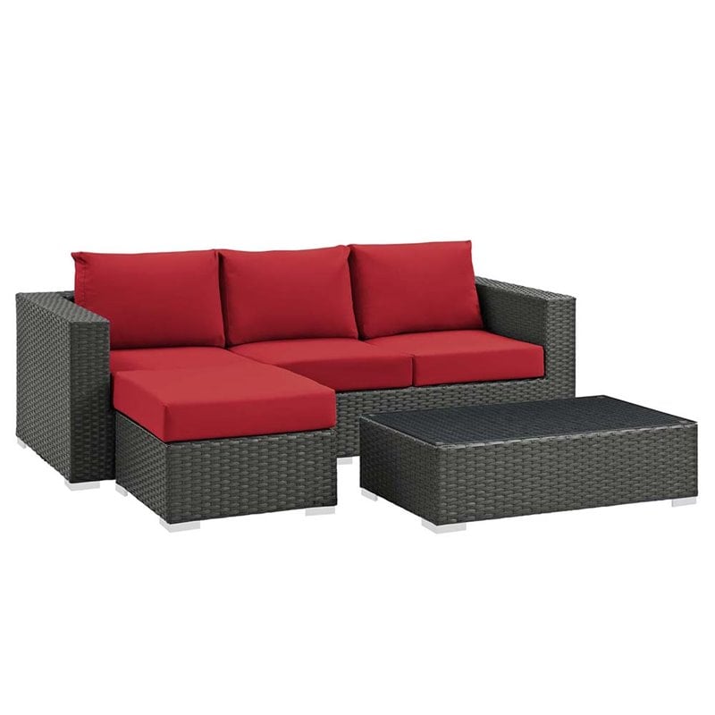 Modway Sojourn 3-Piece Aluminum Rattan Patio Sectional Set in Canvas/Red