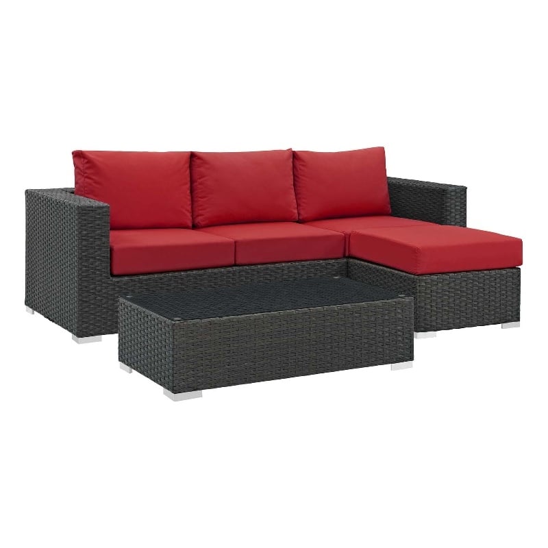 Modway Sojourn 3-Piece Aluminum Rattan Patio Sectional Set in Canvas/Red