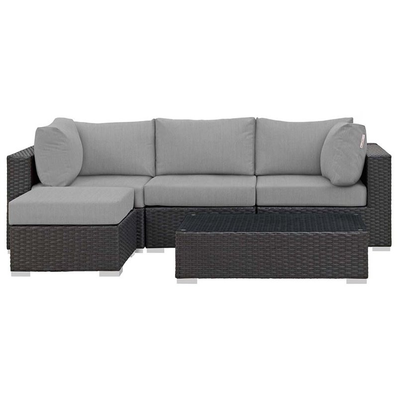 Modway Sojourn 5-Piece Aluminum and Rattan Patio Sectional Set in Canvas/Gray