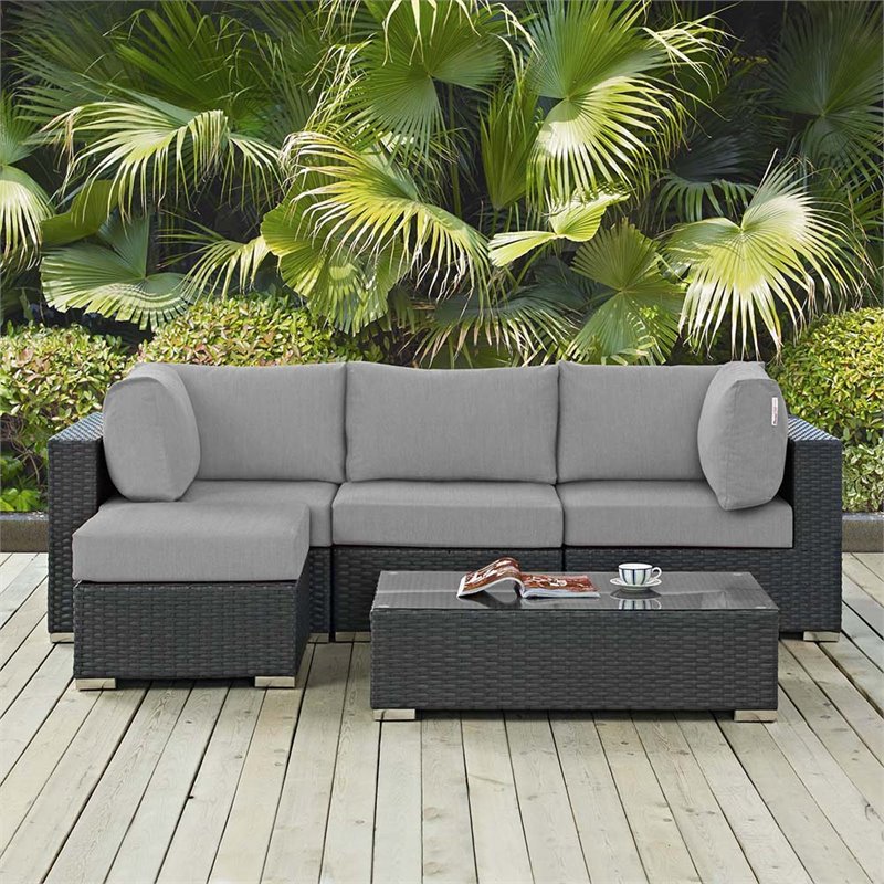 Modway Sojourn 5-Piece Aluminum and Rattan Patio Sectional Set in Canvas/Gray