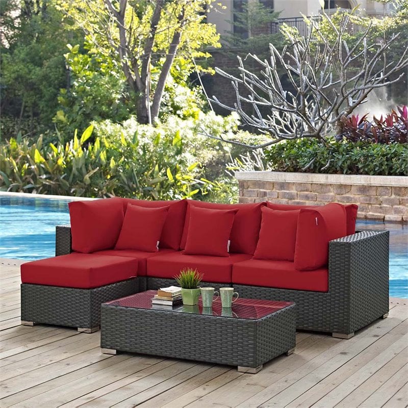 Modway Sojourn 5-Piece Aluminum and Rattan Patio Sectional Set in Canvas/Red