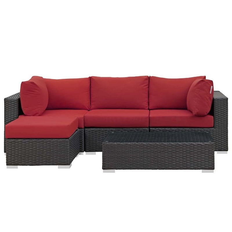 Modway Sojourn 5-Piece Aluminum and Rattan Patio Sectional Set in Canvas/Red