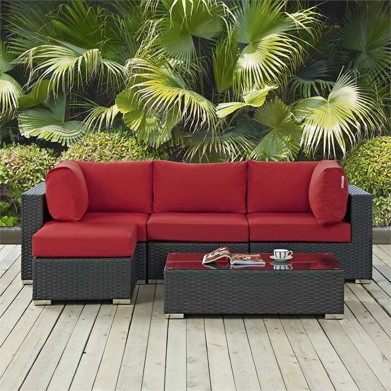 Modway Sojourn 5-Piece Aluminum and Rattan Patio Sectional Set in Canvas/Red