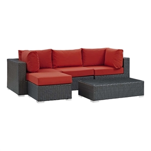 modway sojourn 5-piece aluminum and rattan patio sectional set in canvas/red