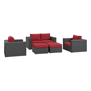 modway sojourn 5-piece aluminum rattan patio sectional set in canvas/red