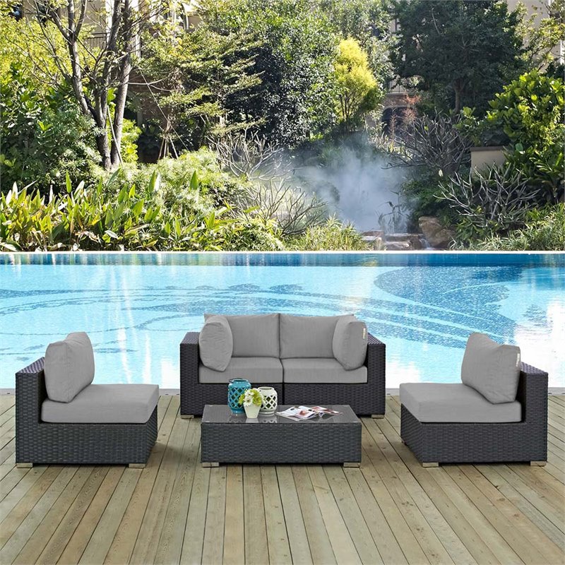 Modway Sojourn 5-Piece Aluminum and Rattan Patio Sectional Set - Canvas/Gray
