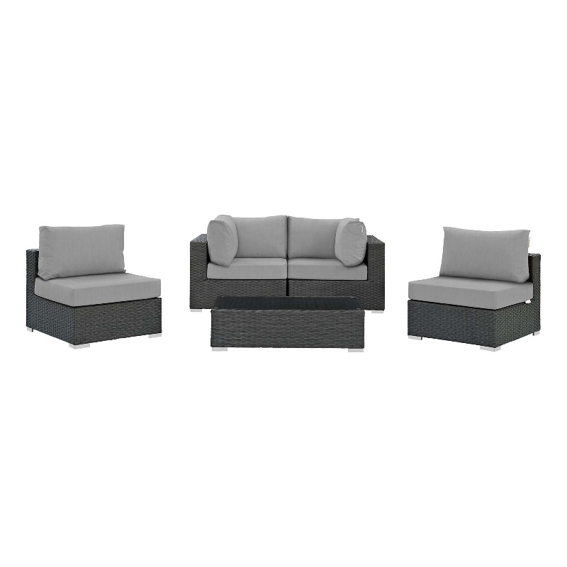 Modway Sojourn 5-Piece Aluminum and Rattan Patio Sectional Set - Canvas/Gray