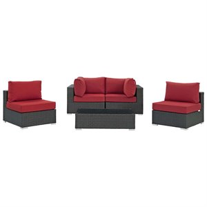 modway sojourn 5-piece aluminum and rattan patio sectional set - canvas/red