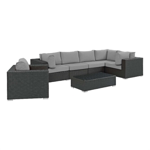 modway sojourn 7-piece aluminum rattan patio sectional set in canvas/gray