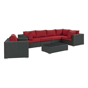 modway sojourn 7-piece aluminum rattan patio sectional set in canvas/red