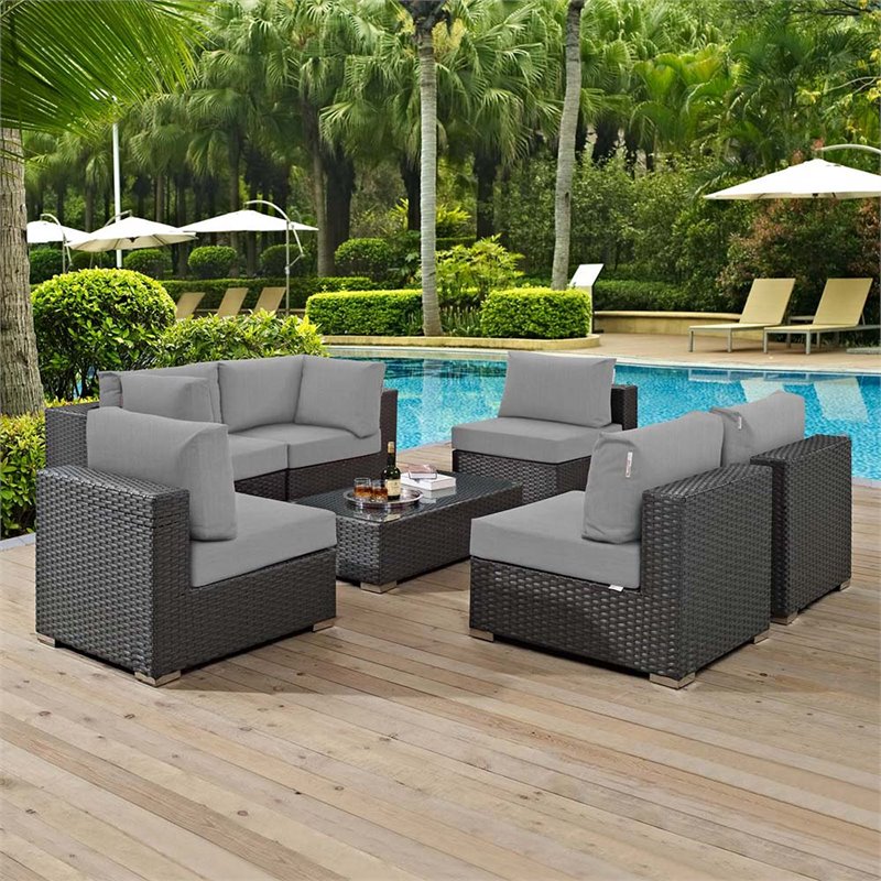 Modway Sojourn 7-Piece Aluminum and Rattan Patio Sectional Set in Canvas/Gray
