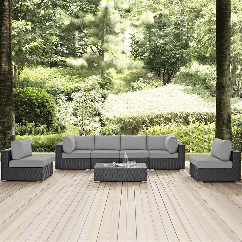 Modway Sojourn 7-Piece Aluminum and Rattan Patio Sectional Set in Canvas/Gray