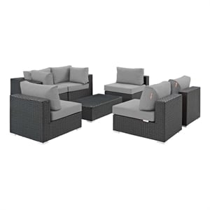 modway sojourn 7-piece aluminum and rattan patio sectional set in canvas/gray