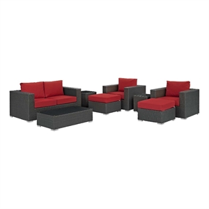 modway sojourn 8-piece aluminum and rattan patio sectional set in canvas/red
