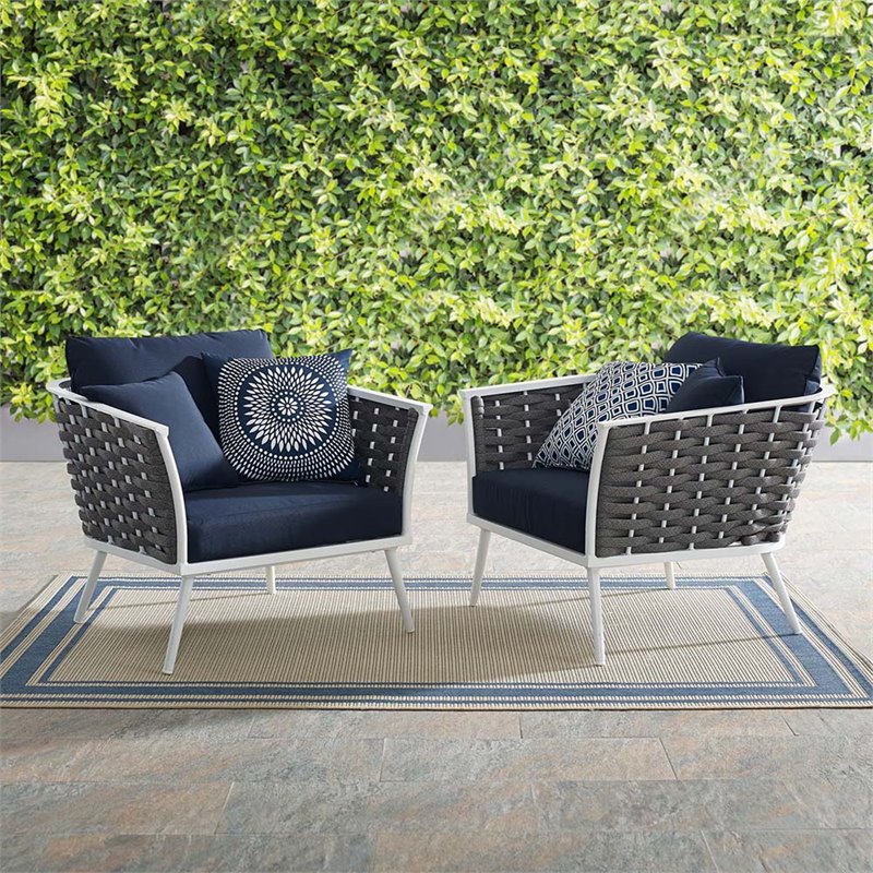 Modway Stance Aluminum & Fabric Patio Chair in White and Navy (Set of 2)