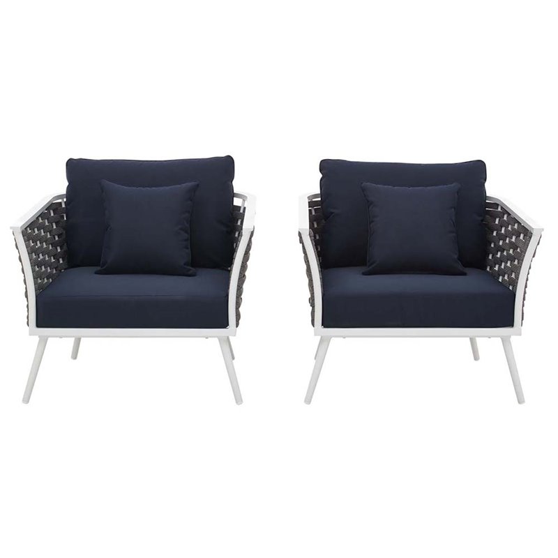 Modway Stance Aluminum & Fabric Patio Chair in White and Navy (Set of 2)