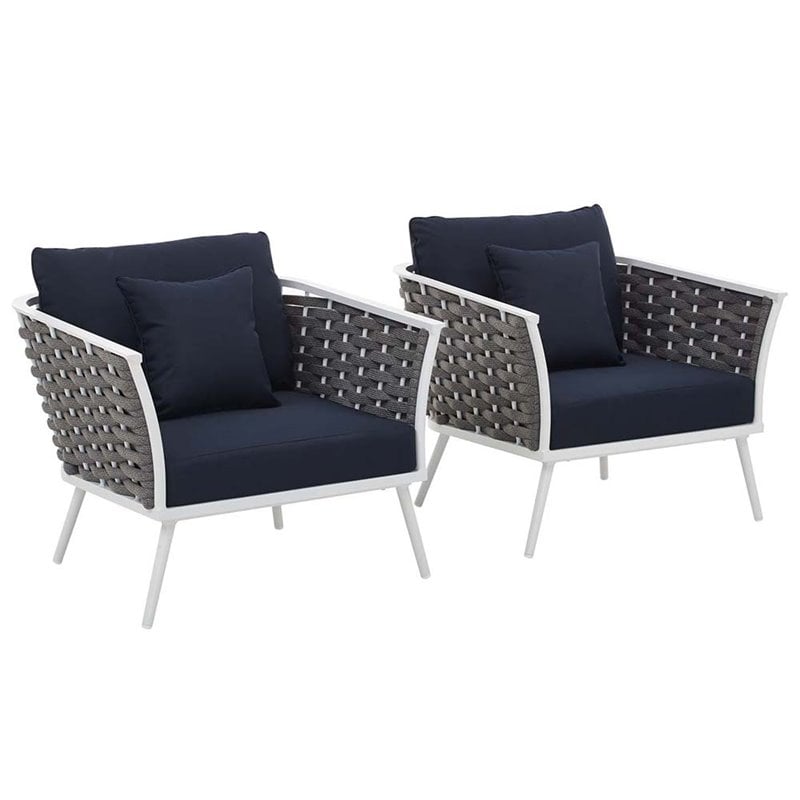 Modway Stance Aluminum & Fabric Patio Chair in White and Navy (Set of 2)