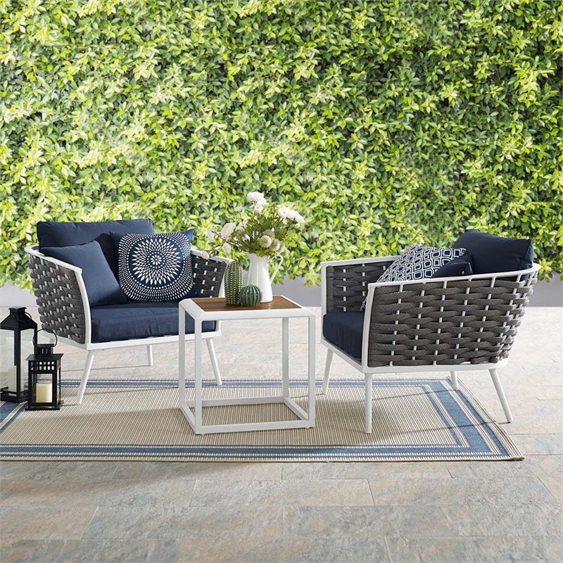 Modway Stance 3-Piece Aluminum & Fabric Patio Set in White and Navy