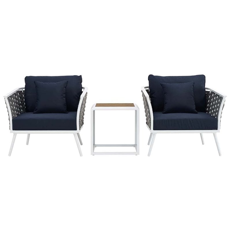 Modway Stance 3-Piece Aluminum & Fabric Patio Set in White and Navy