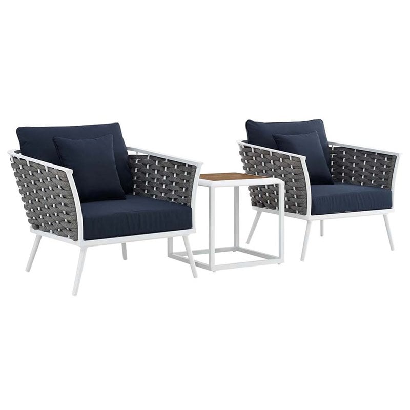 Modway Stance 3-Piece Aluminum & Fabric Patio Set in White and Navy