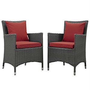 modway sojourn 2-piece rattan fabric patio dining chairs in canvas gray/red