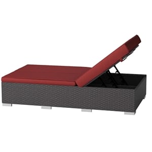 Modway Sojourn Aluminum Rattan Fabric Patio Double Chaise in Chocolate/Red