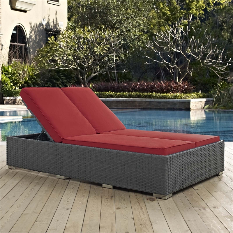 Modway Sojourn Aluminum Rattan Fabric Patio Double Chaise in Chocolate/Red