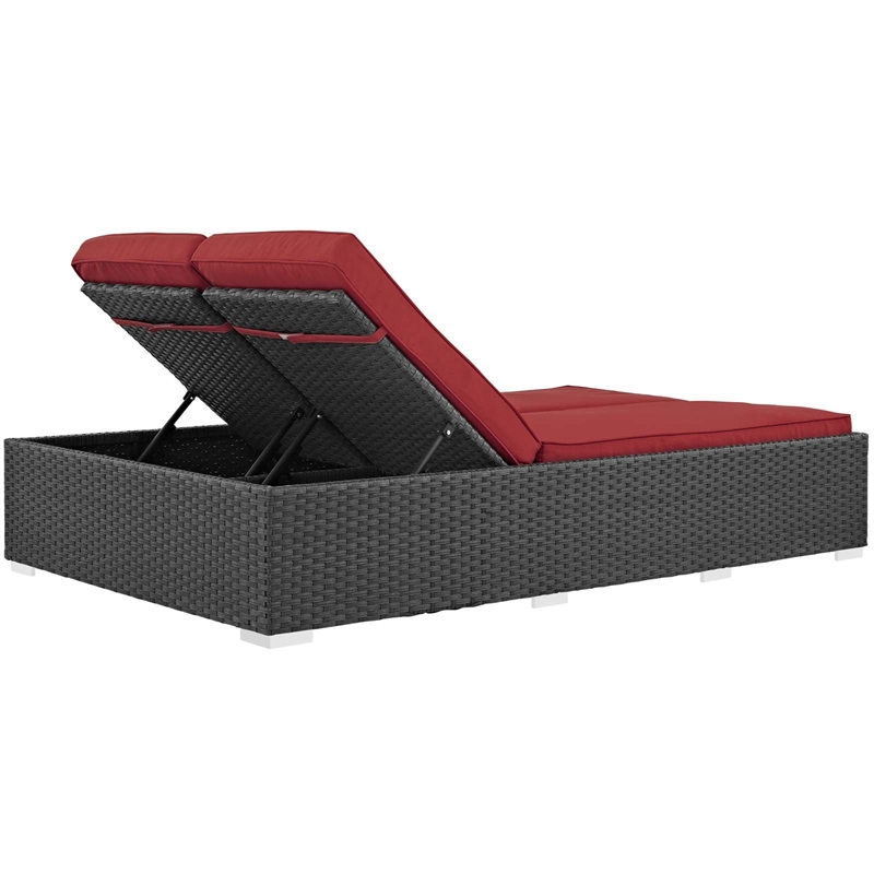 Modway Sojourn Aluminum Rattan Fabric Patio Double Chaise in Chocolate/Red