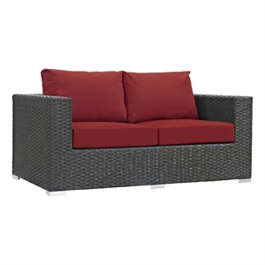 modway sojourn aluminum and rattan patio loveseat in canvas/red