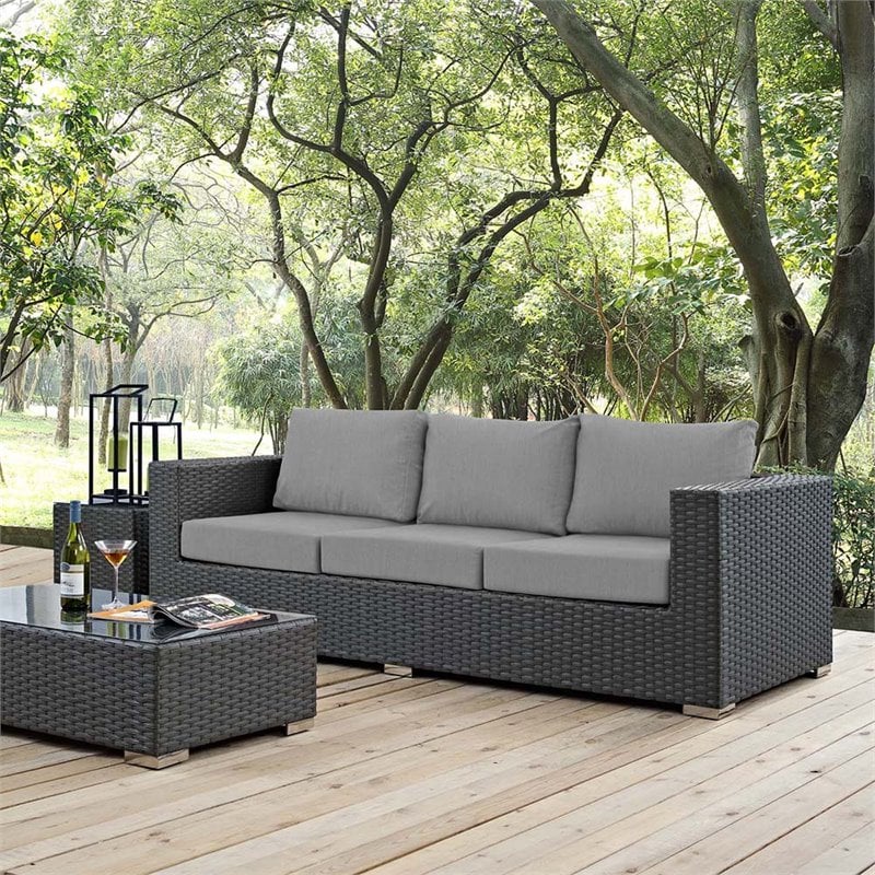 Modway Sojourn Aluminum and Rattan Patio Sofa in Canvas/Gray
