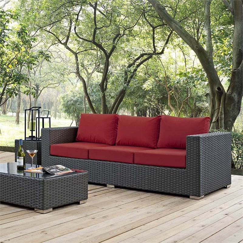 Modway Sojourn Aluminum and Rattan Patio Sofa in Canvas and Red