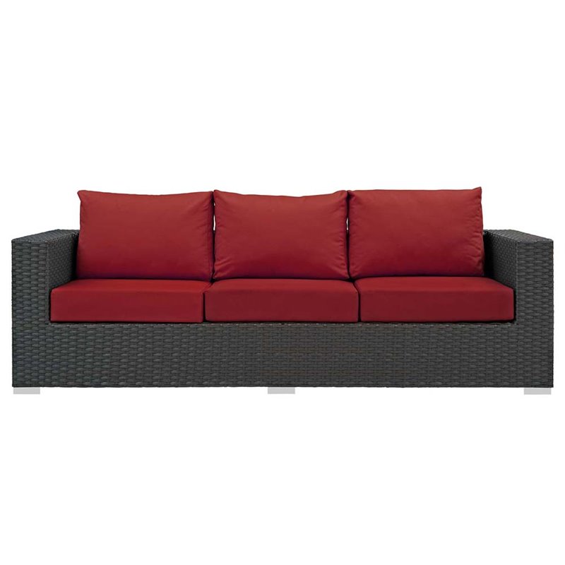 Modway Sojourn Aluminum and Rattan Patio Sofa in Canvas and Red