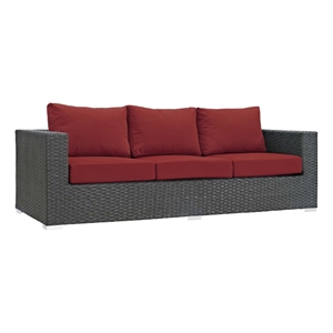 modway sojourn aluminum and rattan patio sofa in canvas and red