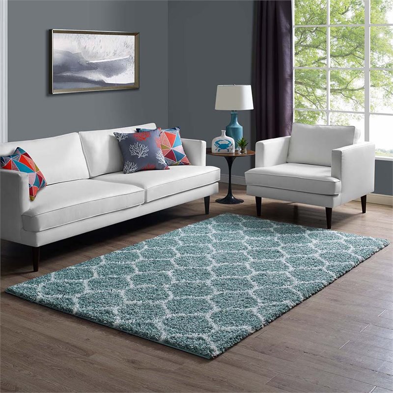 Modway Solvea 5' x 8' Moroccan Trellis Shag Area Rug in Blue and Ivory