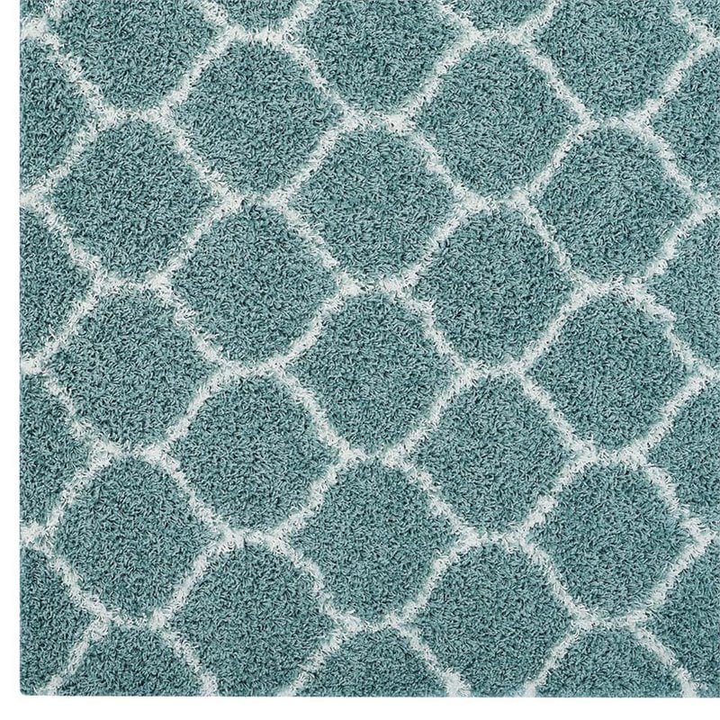 Modway Solvea 5' x 8' Moroccan Trellis Shag Area Rug in Blue and Ivory